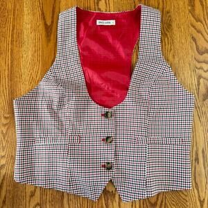 Vtg Grace Karen Red Plaid Button XL Vest Preppy Oxford Academia Retro City Boy